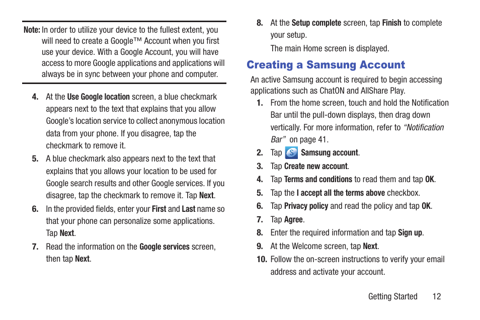 Creating a samsung account | Samsung SGH-I747RWAATT User Manual | Page 19 / 235