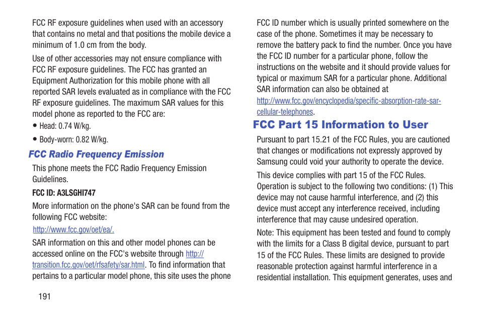 Fcc part 15 information to user | Samsung SGH-I747RWAATT User Manual | Page 198 / 235