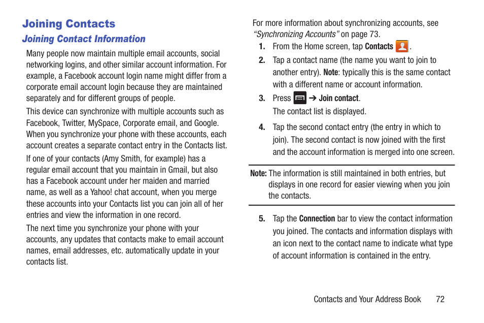 Joining contacts | Samsung SGH-I747RWAATT User Manual | Page 79 / 235