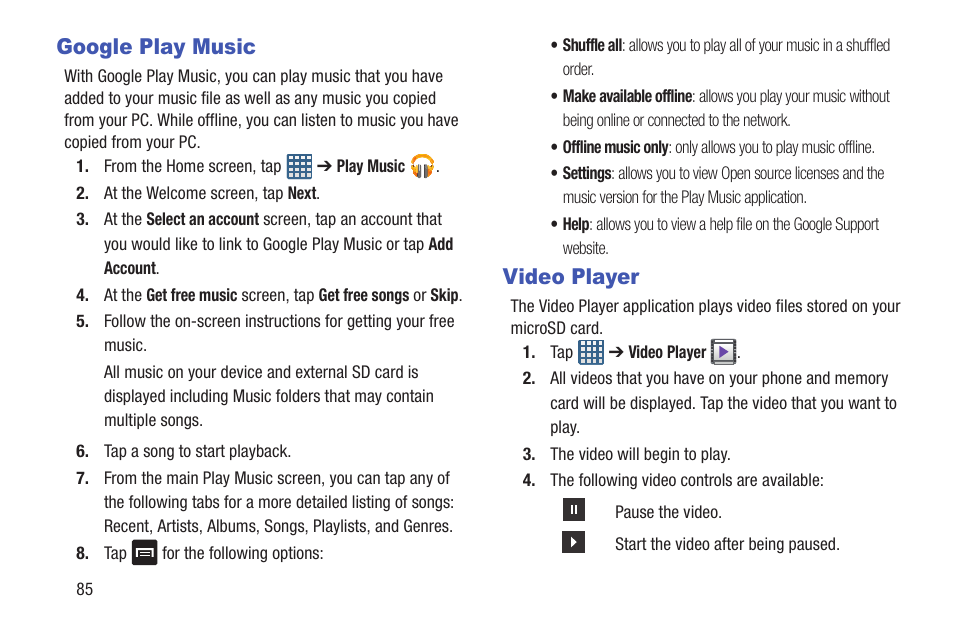 Google play music, Video player, Google play music video player | Samsung SGH-I747RWAATT User Manual | Page 92 / 235