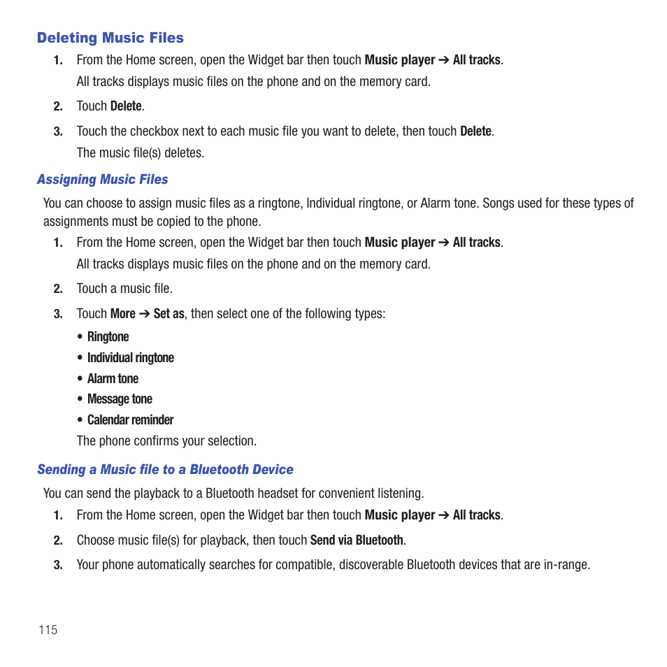 Deleting music files | Samsung SGH-T669AAATMB User Manual | Page 118 / 217