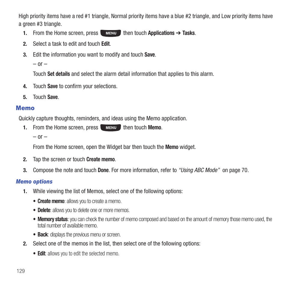 Memo | Samsung SGH-T669AAATMB User Manual | Page 132 / 217