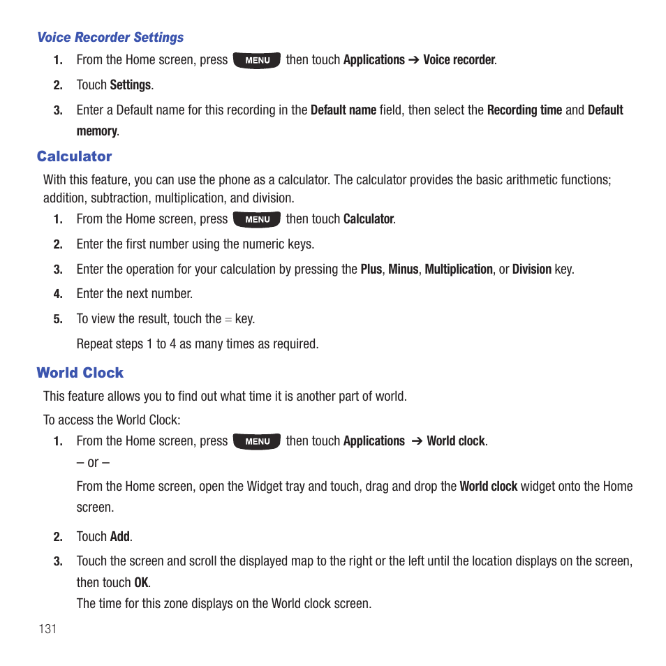 Calculator, World clock, Calculator world clock | Samsung SGH-T669AAATMB User Manual | Page 134 / 217