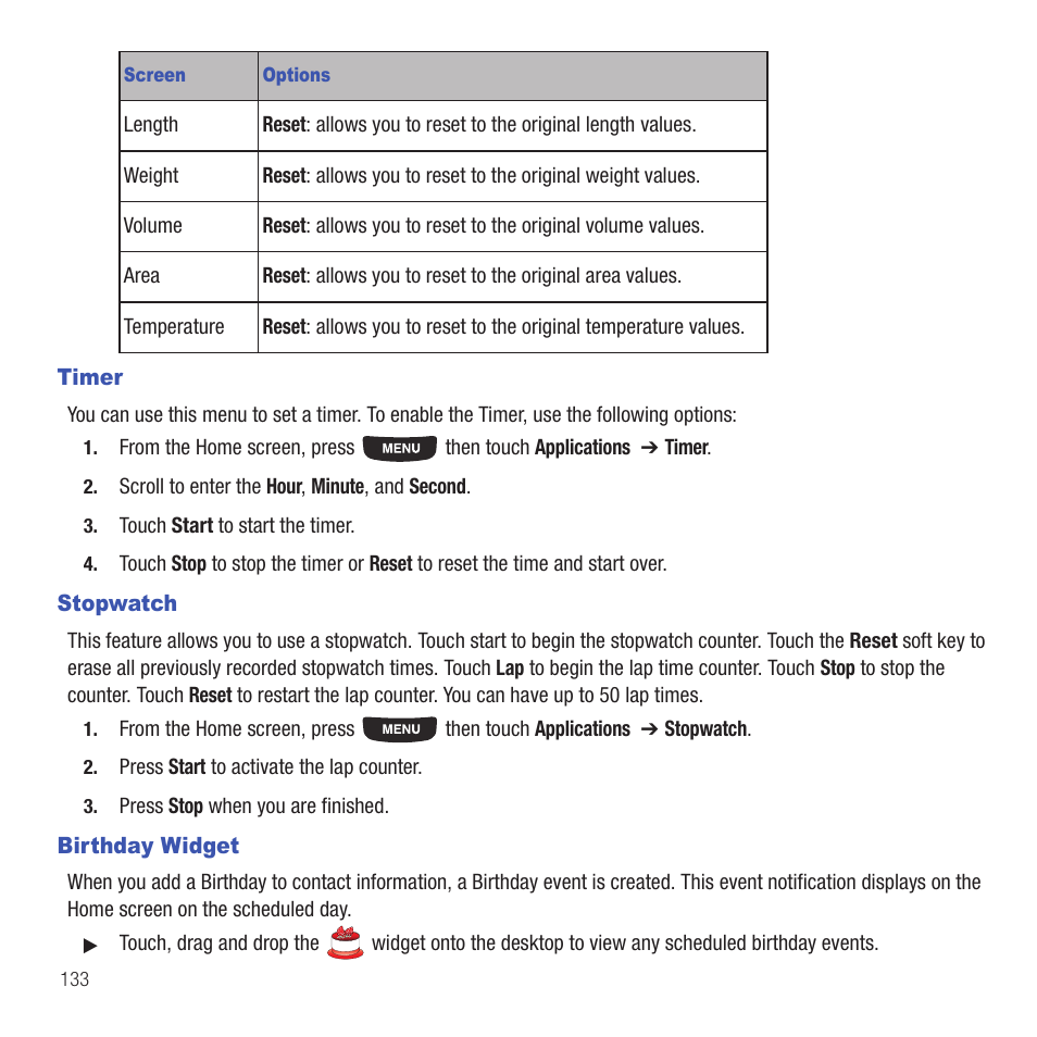 Timer, Stopwatch, Birthday widget | Timer stopwatch birthday widget | Samsung SGH-T669AAATMB User Manual | Page 136 / 217