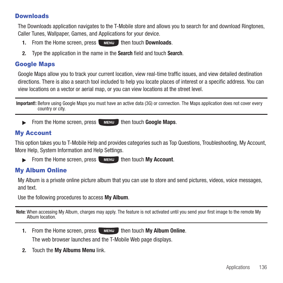Downloads, Google maps, My account | My album online, Downloads google maps my account my album online | Samsung SGH-T669AAATMB User Manual | Page 139 / 217