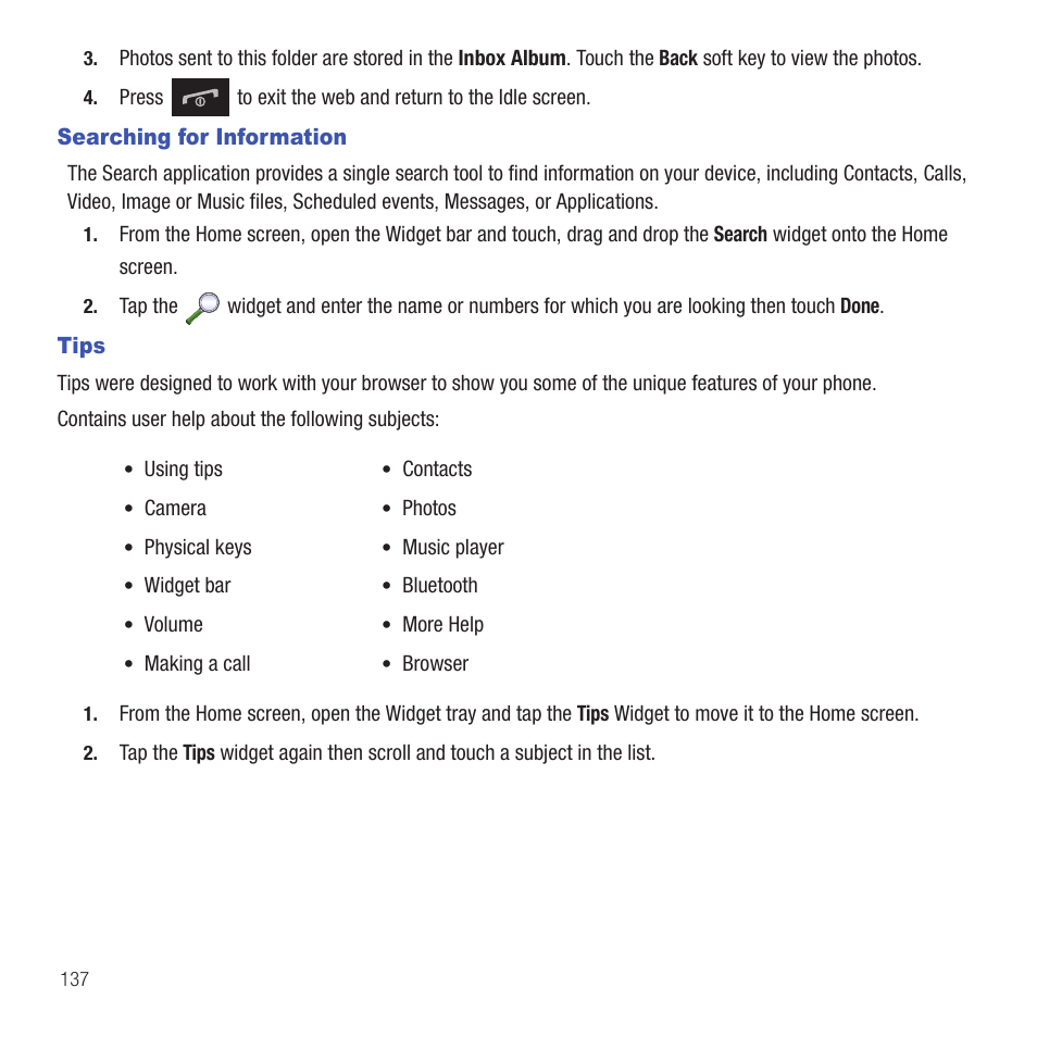 Searching for information, Tips, Searching for information tips | Samsung SGH-T669AAATMB User Manual | Page 140 / 217