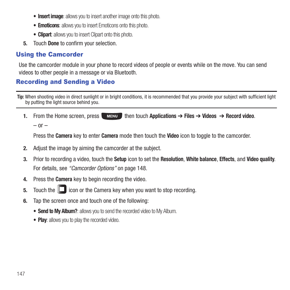 Using the camcorder, Recording and sending a video, Using the camcorder recording and sending a video | Samsung SGH-T669AAATMB User Manual | Page 150 / 217