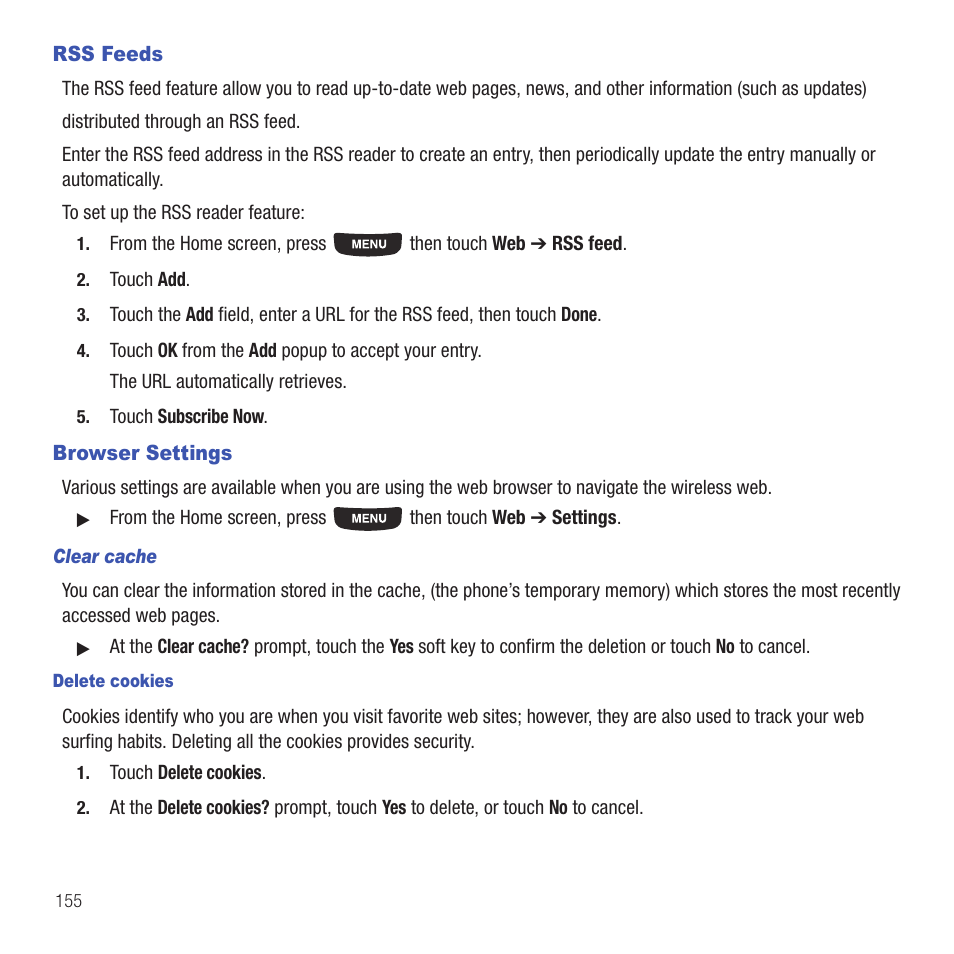 Rss feeds, Browser settings, Rss feeds browser settings | Samsung SGH-T669AAATMB User Manual | Page 158 / 217