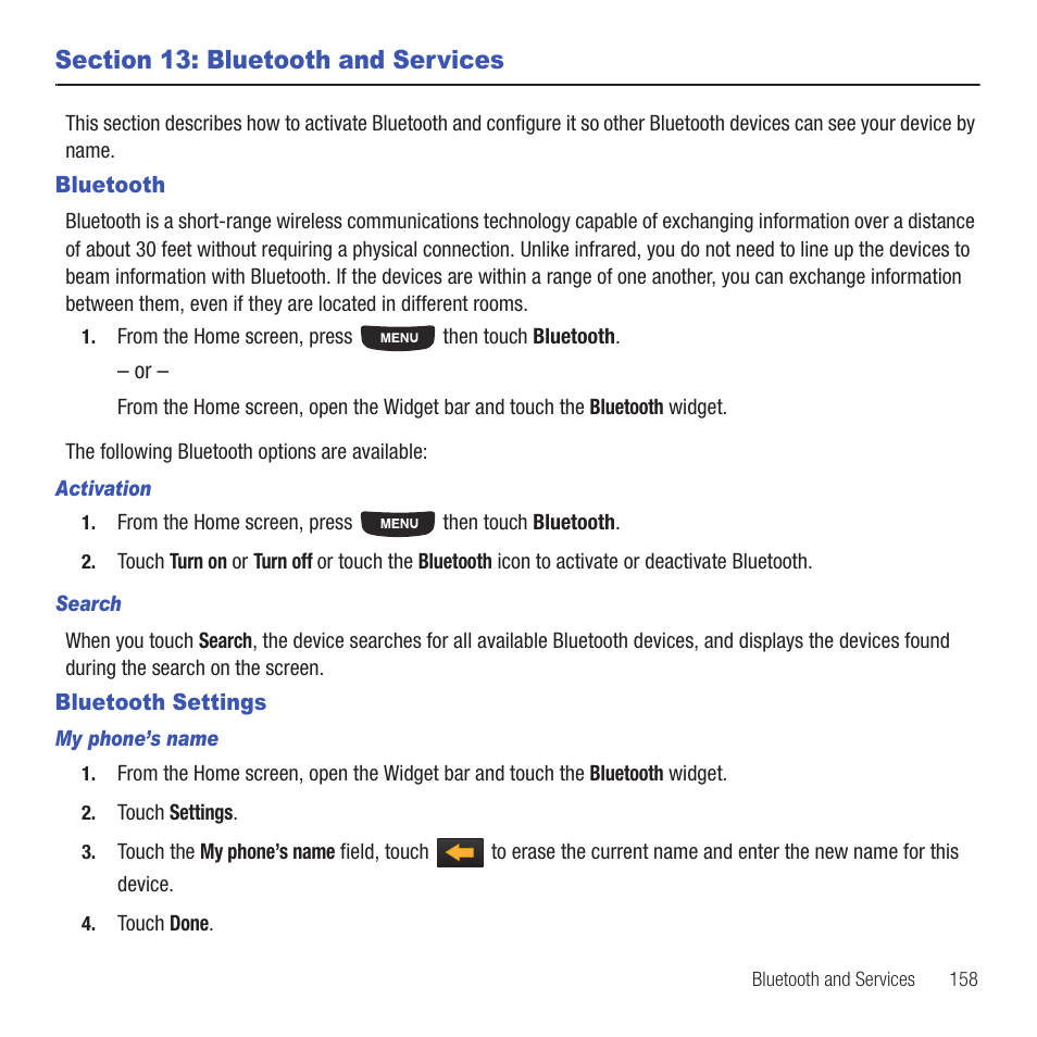 Section 13: bluetooth and services, Bluetooth, Bluetooth settings | Bluetooth bluetooth settings | Samsung SGH-T669AAATMB User Manual | Page 161 / 217
