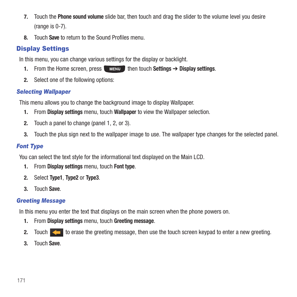 Display settings | Samsung SGH-T669AAATMB User Manual | Page 174 / 217