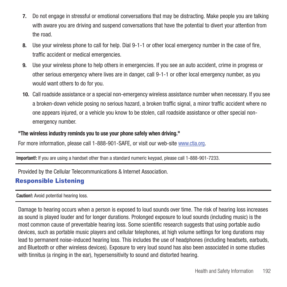 Responsible listening | Samsung SGH-T669AAATMB User Manual | Page 195 / 217