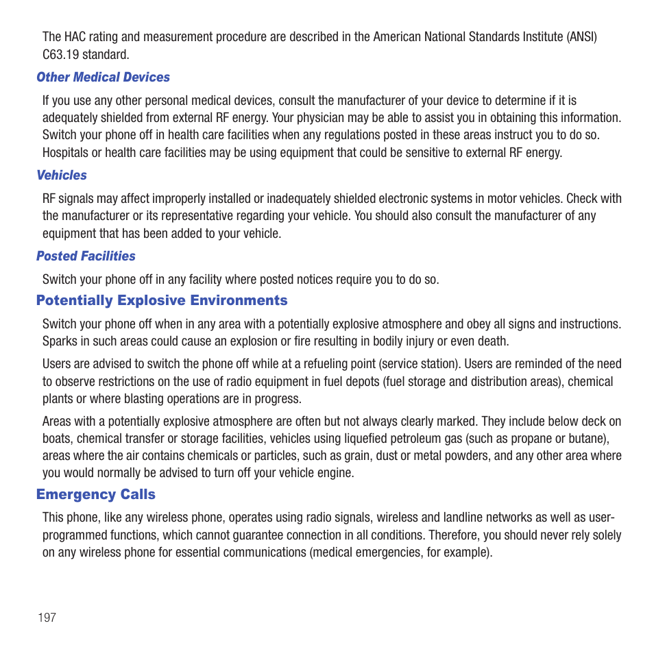 Potentially explosive environments, Emergency calls, Potentially explosive environments emergency calls | Samsung SGH-T669AAATMB User Manual | Page 200 / 217