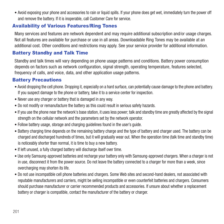 Availability of various features/ring tones, Battery standby and talk time, Battery precautions | Samsung SGH-T669AAATMB User Manual | Page 204 / 217