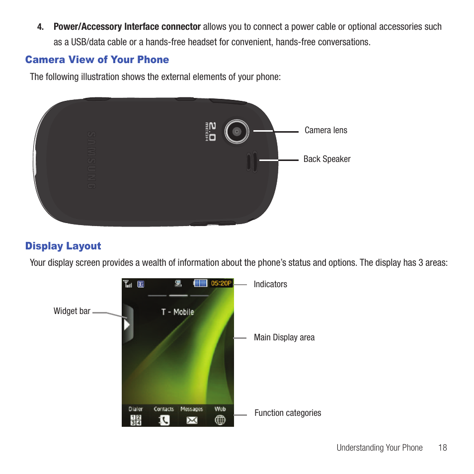 Camera view of your phone, Display layout, Camera view of your phone display layout | Samsung SGH-T669AAATMB User Manual | Page 21 / 217