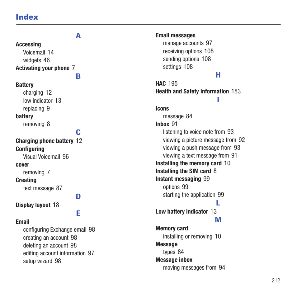 Index | Samsung SGH-T669AAATMB User Manual | Page 215 / 217