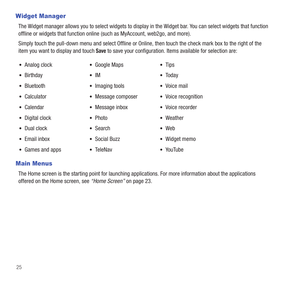 Widget manager, Main menus, Widget manager main menus | Samsung SGH-T669AAATMB User Manual | Page 28 / 217