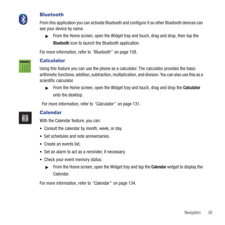 Bluetooth, Calculator, Calendar | Bluetooth calculator calendar | Samsung SGH-T669AAATMB User Manual | Page 41 / 217