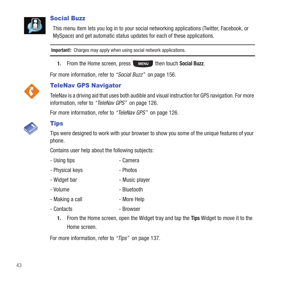 Social buzz, Telenav gps navigator, Tips | Social buzz telenav gps navigator tips | Samsung SGH-T669AAATMB User Manual | Page 46 / 217