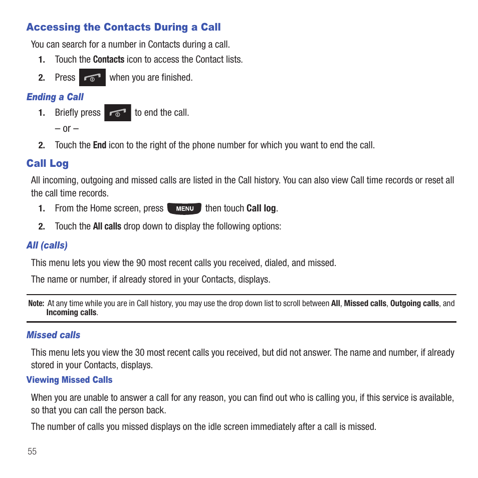 Accessing the contacts during a call, Call log, Accessing the contacts during a call call log | Samsung SGH-T669AAATMB User Manual | Page 58 / 217