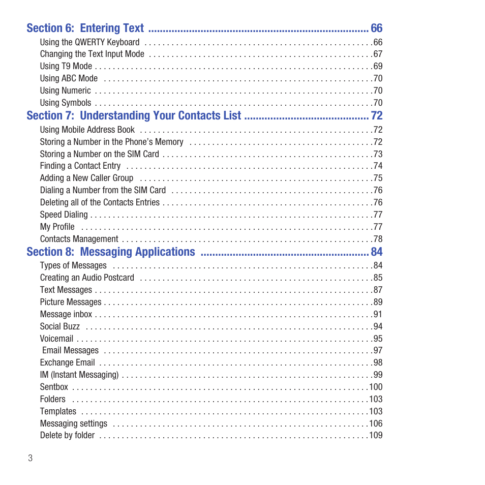 Section 6: entering text 66, Section 7: understanding your contacts list 72, Section 8: messaging applications 84 | Samsung SGH-T669AAATMB User Manual | Page 6 / 217