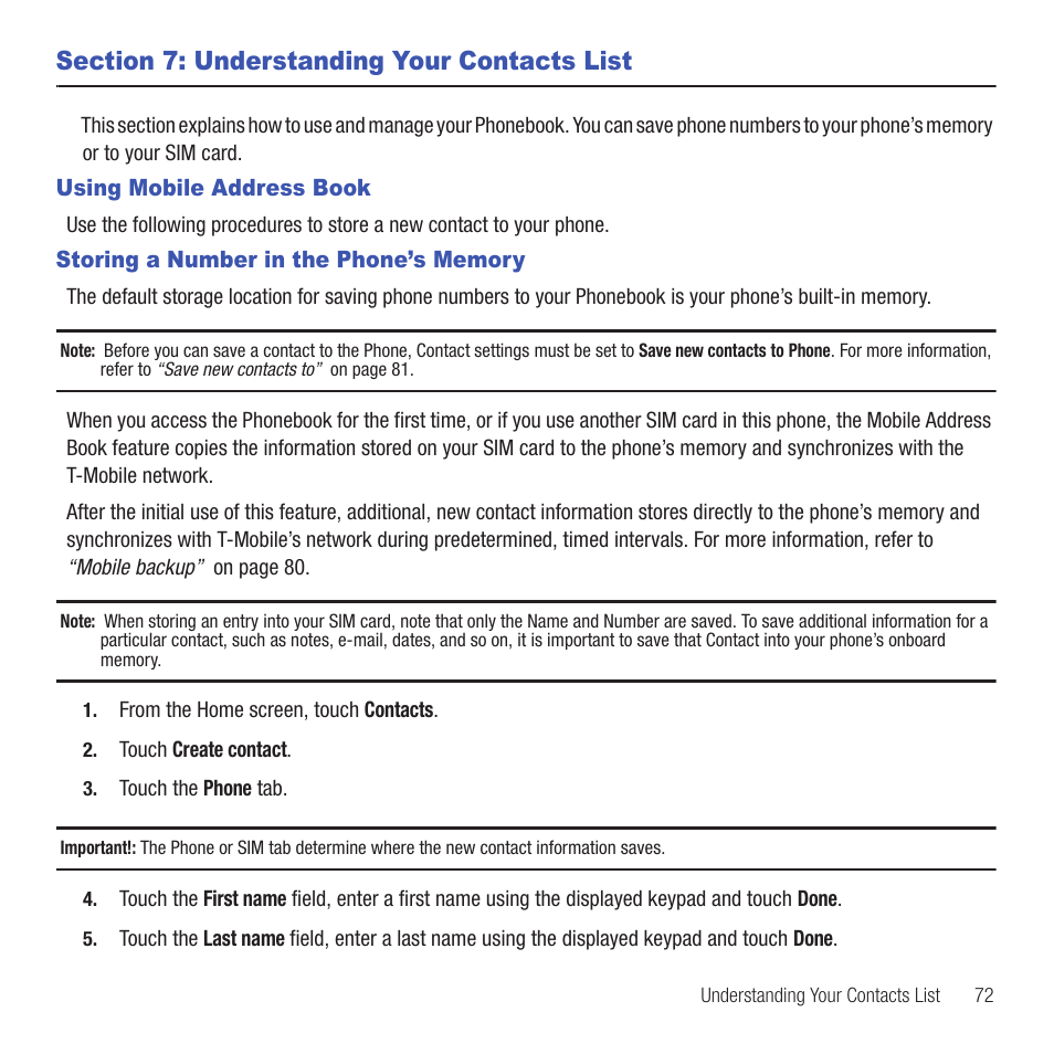 Section 7: understanding your contacts list, Using mobile address book, Storing a number in the phone’s memory | Samsung SGH-T669AAATMB User Manual | Page 75 / 217