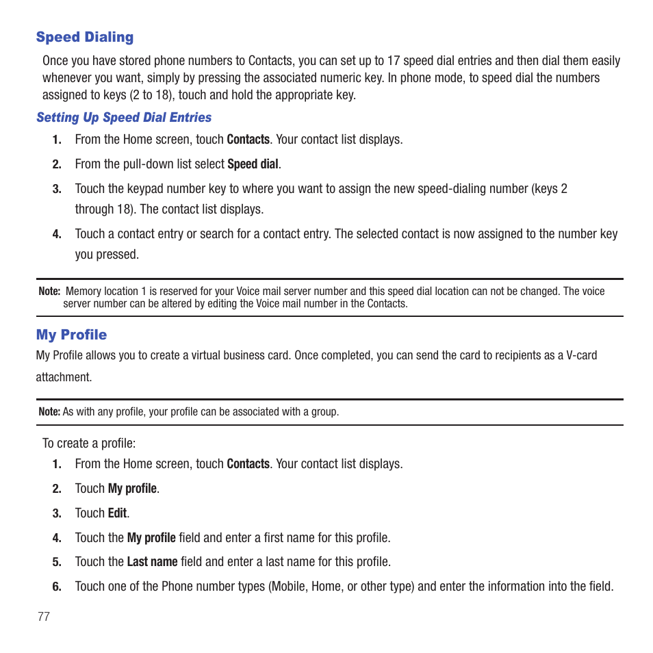 Speed dialing, My profile, Speed dialing my profile | Samsung SGH-T669AAATMB User Manual | Page 80 / 217