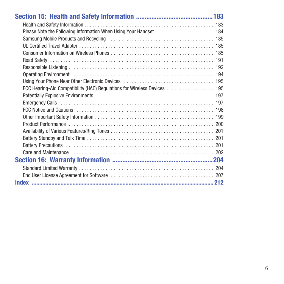 Section 15: health and safety information 183, Section 16: warranty information 204 | Samsung SGH-T669AAATMB User Manual | Page 9 / 217