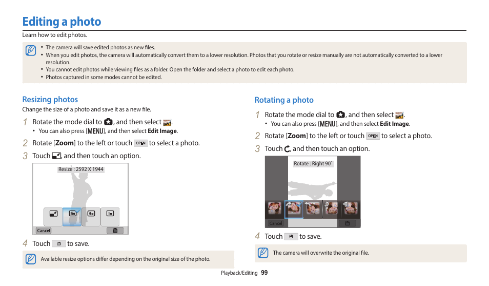 Editing a photo, Resizing photos, Rotating a photo | Resizing photos rotating a photo | Samsung EC-WB350FBPWUS User Manual | Page 100 / 172