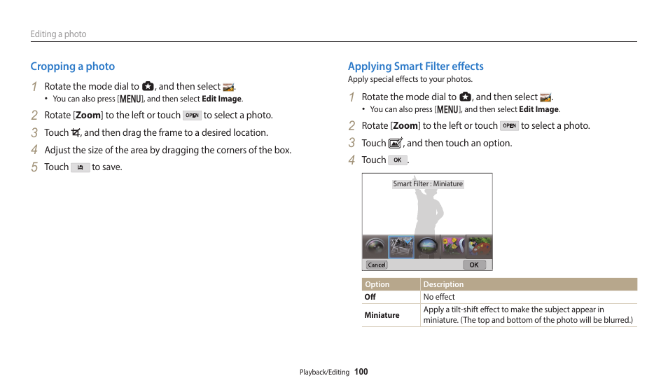 Cropping a photo, Applying smart filter effects, Cropping a photo applying smart filter effects | Samsung EC-WB350FBPWUS User Manual | Page 101 / 172