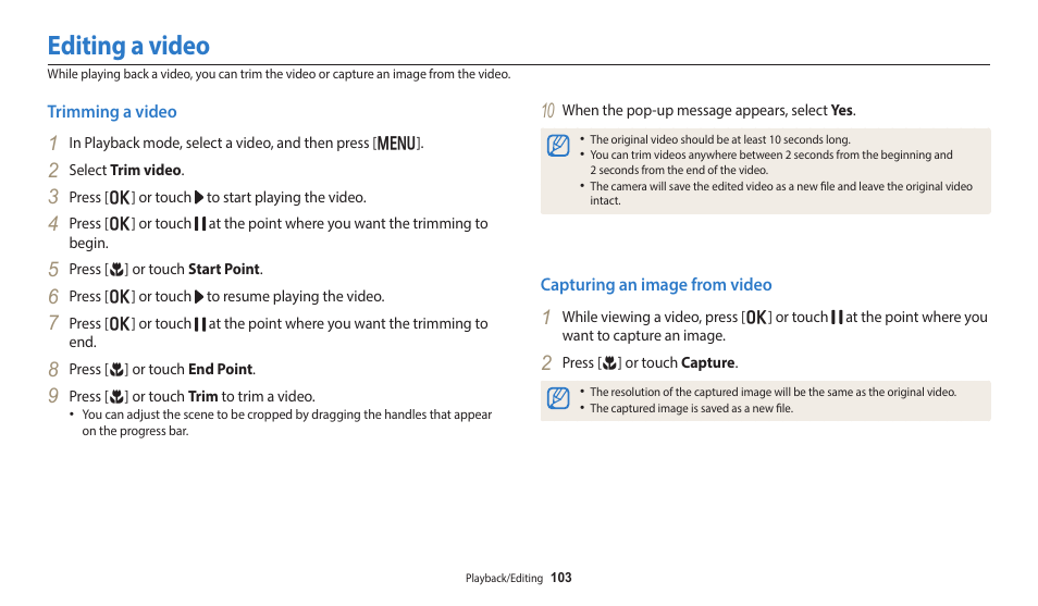 Editing a video, Trimming a video, Capturing an image from video | Trimming a video capturing an image from video | Samsung EC-WB350FBPWUS User Manual | Page 104 / 172