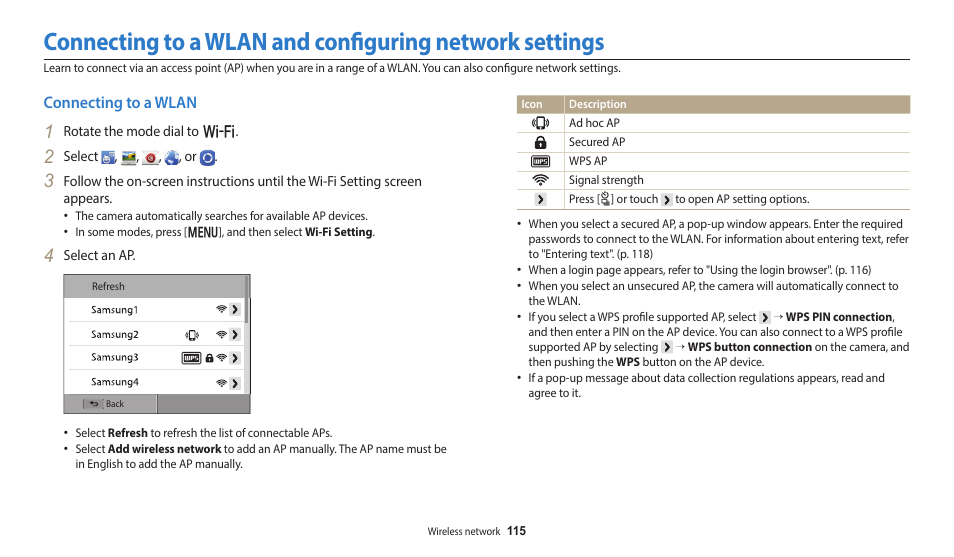 Connecting to a wlan | Samsung EC-WB350FBPWUS User Manual | Page 116 / 172