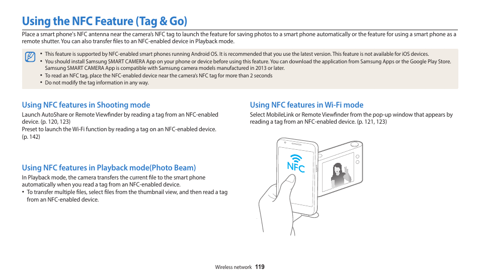 Using the nfc feature (tag & go), Using nfc features in shooting mode, Using nfc features in playback mode(photo beam) | Using nfc features in wi-fi mode, Using nfc features in playback mode (photo beam) | Samsung EC-WB350FBPWUS User Manual | Page 120 / 172