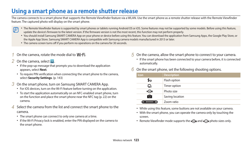 Using a smart phone as a remote shutter release | Samsung EC-WB350FBPWUS User Manual | Page 124 / 172