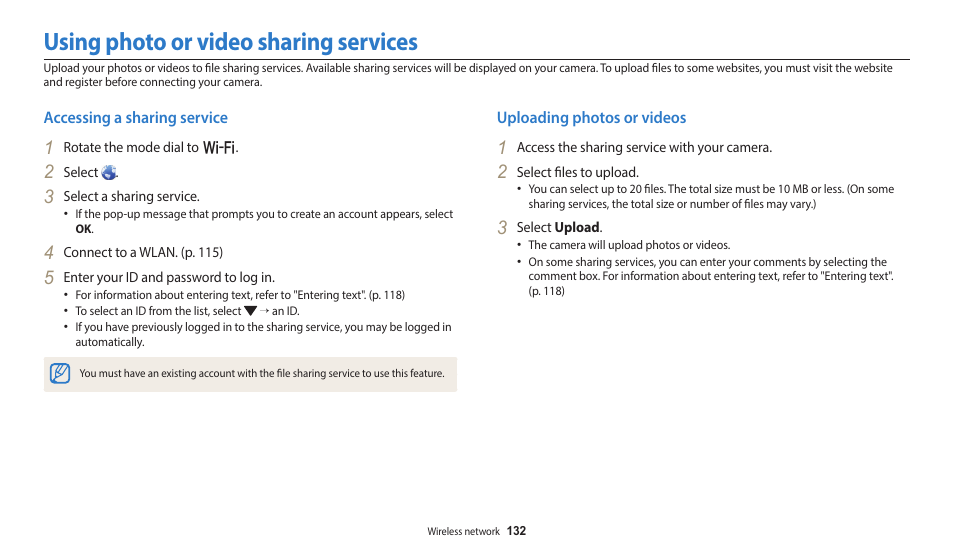 Using photo or video sharing services, Accessing a sharing service, Uploading photos or videos | Samsung EC-WB350FBPWUS User Manual | Page 133 / 172