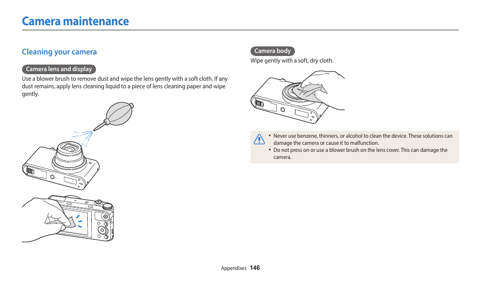 Camera maintenance, Cleaning your camera | Samsung EC-WB350FBPWUS User Manual | Page 147 / 172