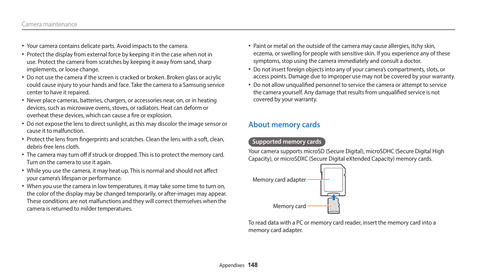 About memory cards | Samsung EC-WB350FBPWUS User Manual | Page 149 / 172