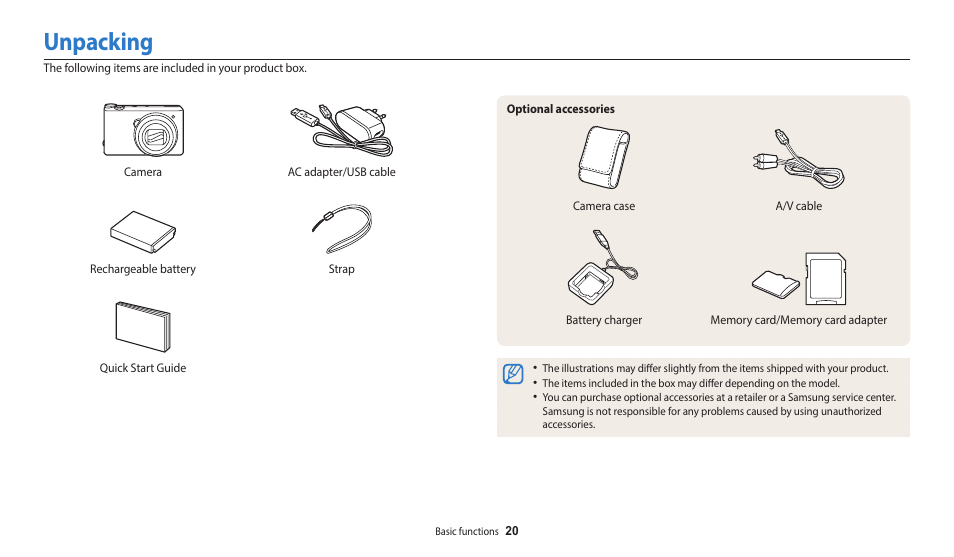 Unpacking | Samsung EC-WB350FBPWUS User Manual | Page 21 / 172