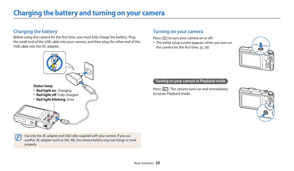 Charging the battery and turning on your camera, Charging the battery, Turning on your camera | Charging the battery turning on your camera | Samsung EC-WB350FBPWUS User Manual | Page 26 / 172