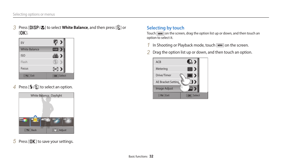 Selecting by touch | Samsung EC-WB350FBPWUS User Manual | Page 33 / 172