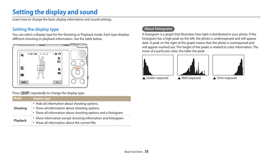 Setting the display and sound, Setting the display type | Samsung EC-WB350FBPWUS User Manual | Page 36 / 172