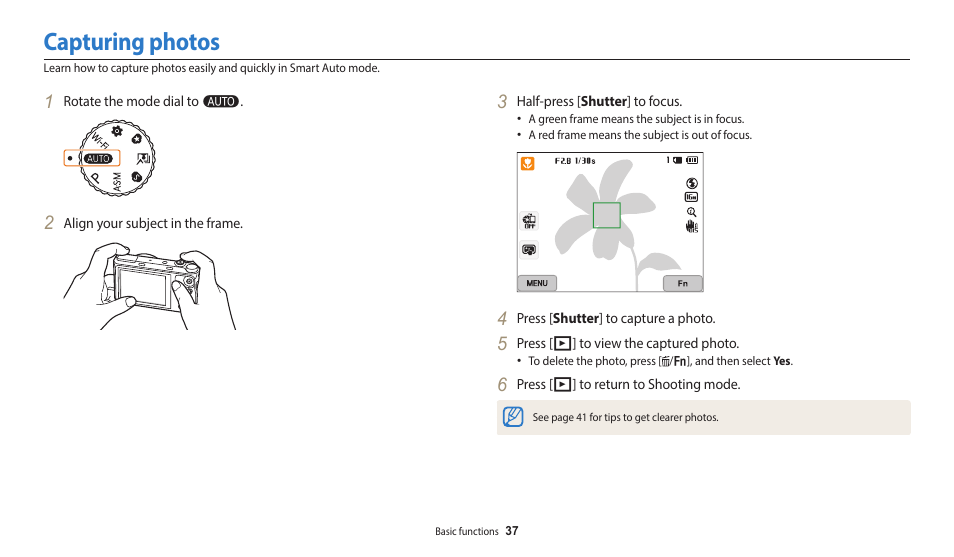 Capturing photos | Samsung EC-WB350FBPWUS User Manual | Page 38 / 172