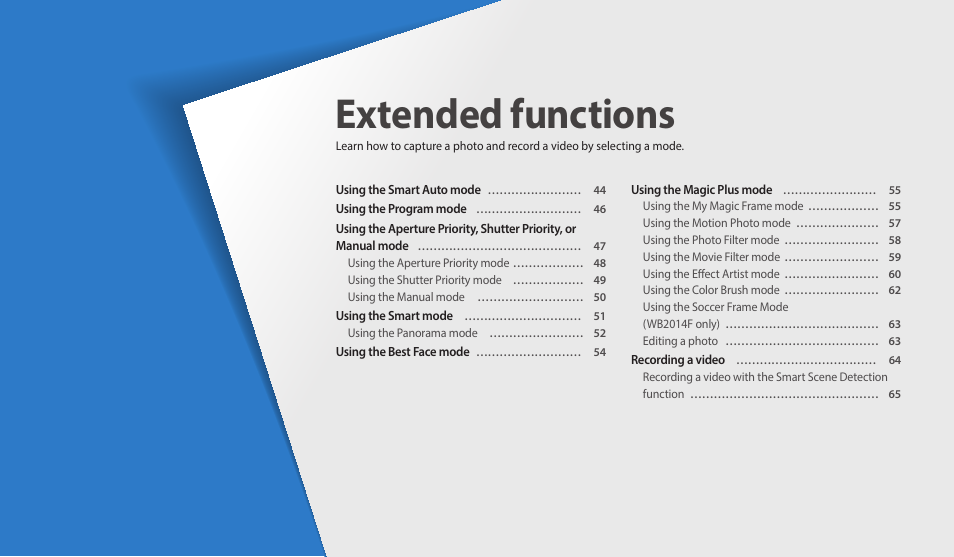 Extended functions, Mode | Samsung EC-WB350FBPWUS User Manual | Page 44 / 172