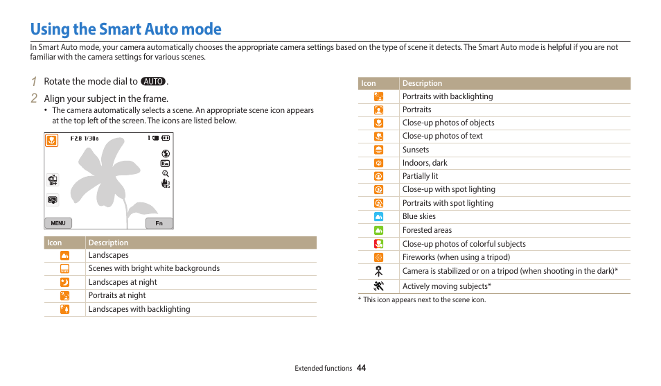 Using the smart auto mode | Samsung EC-WB350FBPWUS User Manual | Page 45 / 172