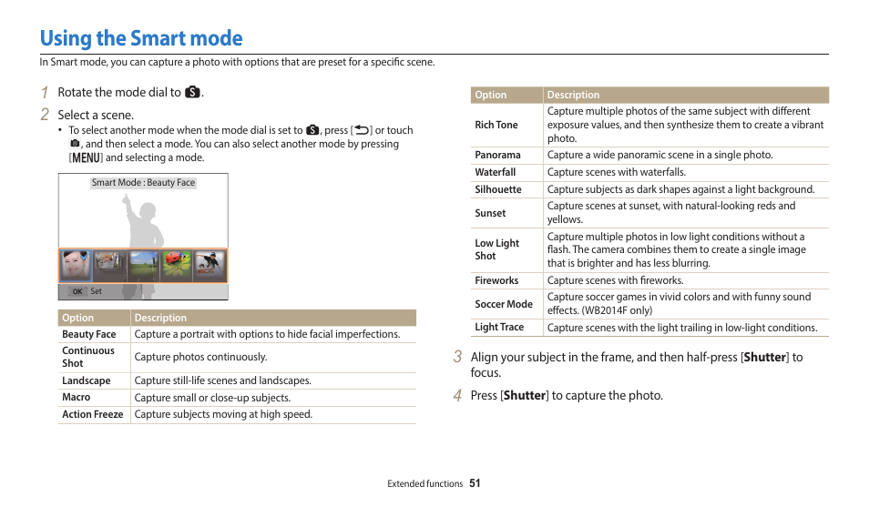 Using the smart mode | Samsung EC-WB350FBPWUS User Manual | Page 52 / 172