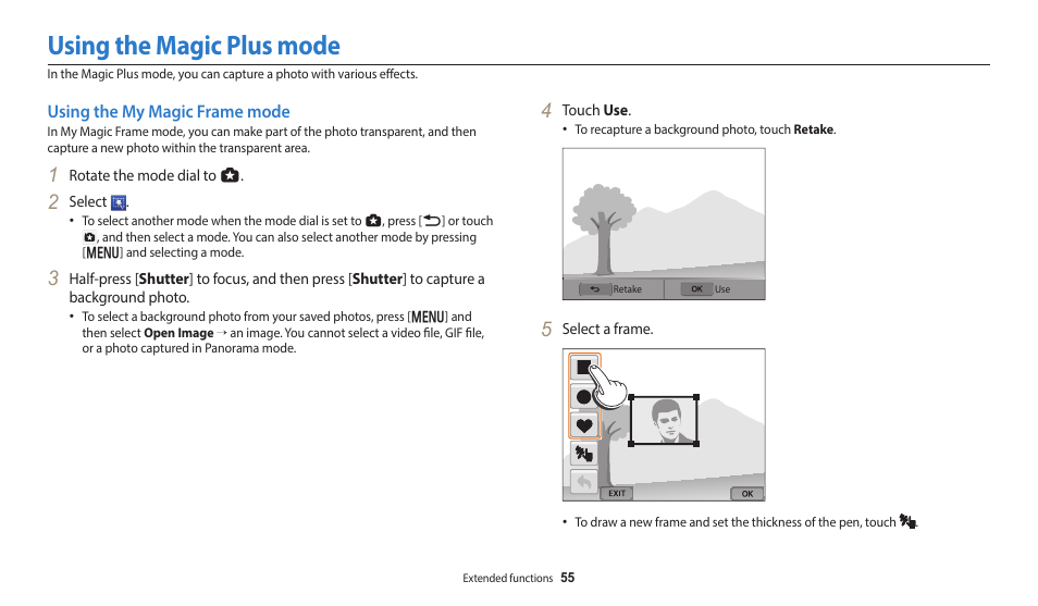 Using the magic plus mode, Using the my magic frame mode | Samsung EC-WB350FBPWUS User Manual | Page 56 / 172