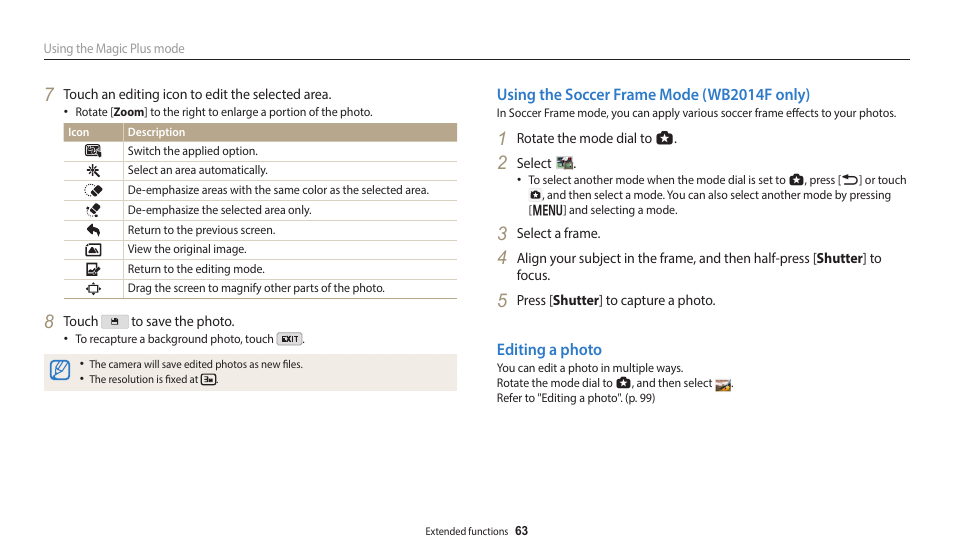 Using the soccer frame mode (wb2014f only), Editing a photo | Samsung EC-WB350FBPWUS User Manual | Page 64 / 172