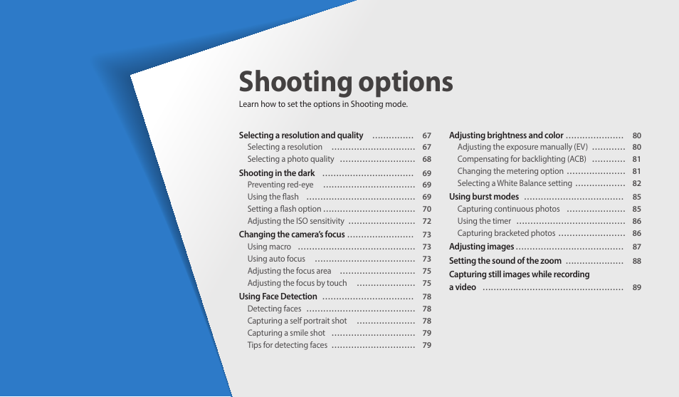 Shooting options, Learn how to set the options in shooting mode | Samsung EC-WB350FBPWUS User Manual | Page 67 / 172