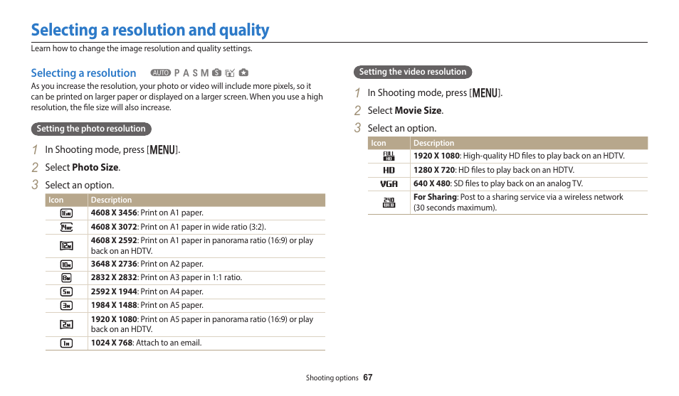 Selecting a resolution and quality, Selecting a resolution | Samsung EC-WB350FBPWUS User Manual | Page 68 / 172