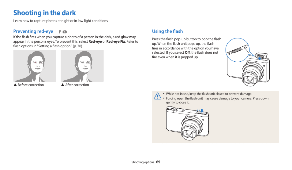 Shooting in the dark, Preventing red-eye, Using the flash | Preventing red-eye using the flash | Samsung EC-WB350FBPWUS User Manual | Page 70 / 172