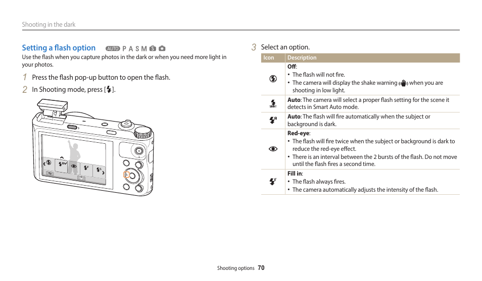 Setting a flash option | Samsung EC-WB350FBPWUS User Manual | Page 71 / 172